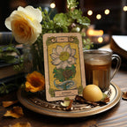 Botanica Oculta Tarot card "Strength" featuring a white lotus illustration on a wooden ritual tray with tea