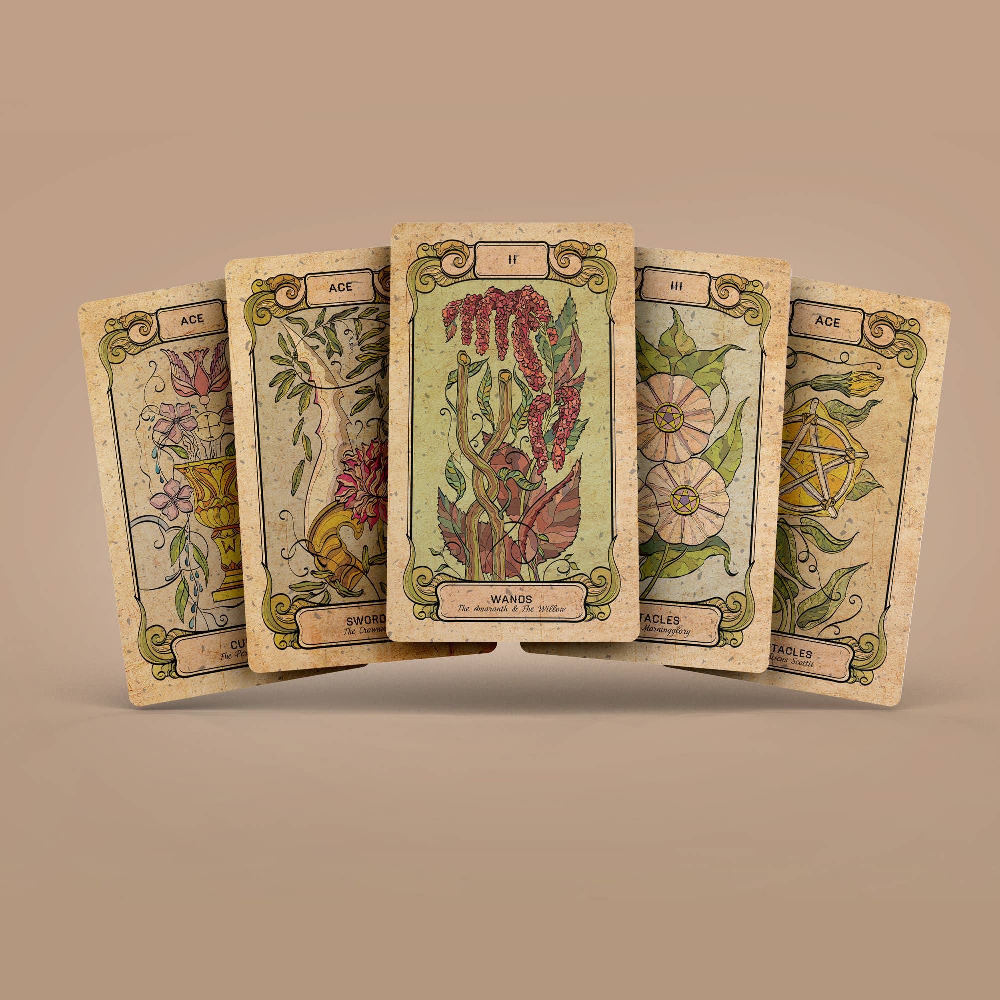 Botanica Oculta tarot deck spread showing multiple botanical illustrated cards II