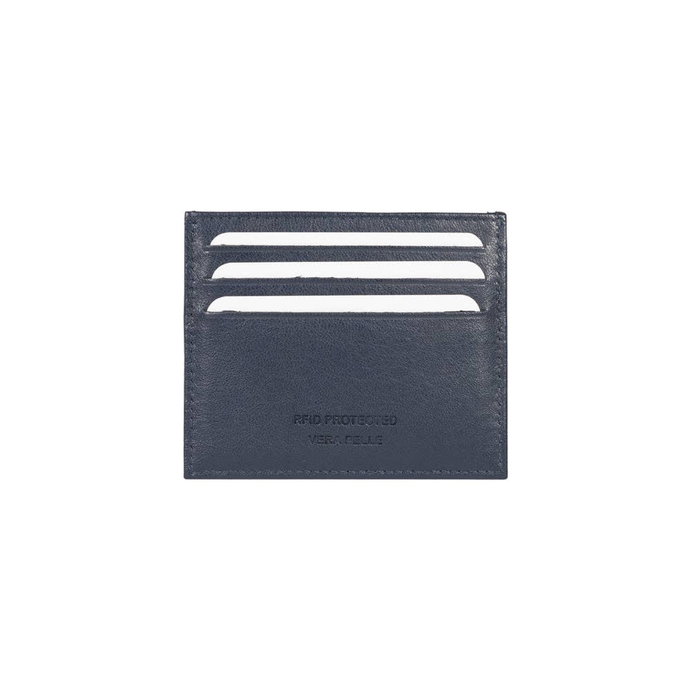Blue leather card holder lying flat featuring Renato Borzatta embossed logo