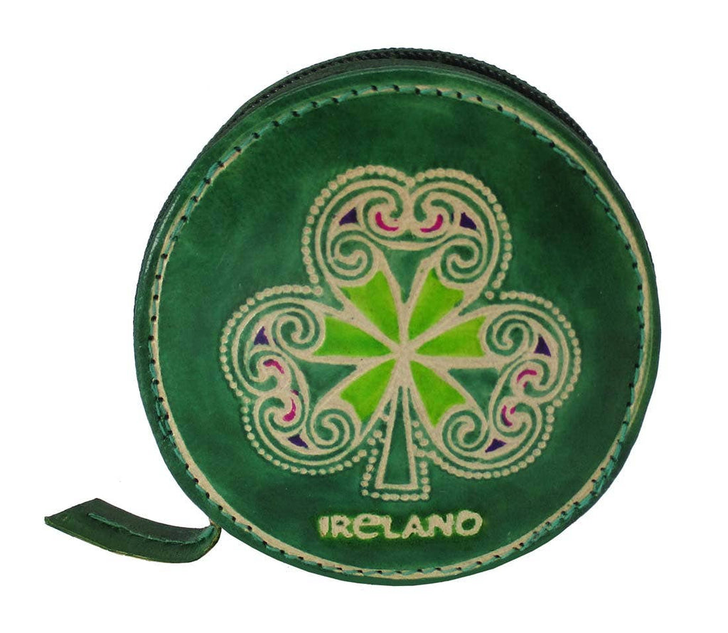 Round green leather coin purse featuring a central hand-painted shamrock design and "Ireland" text