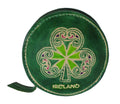 Round green leather coin purse featuring a central hand-painted shamrock design and "Ireland" text