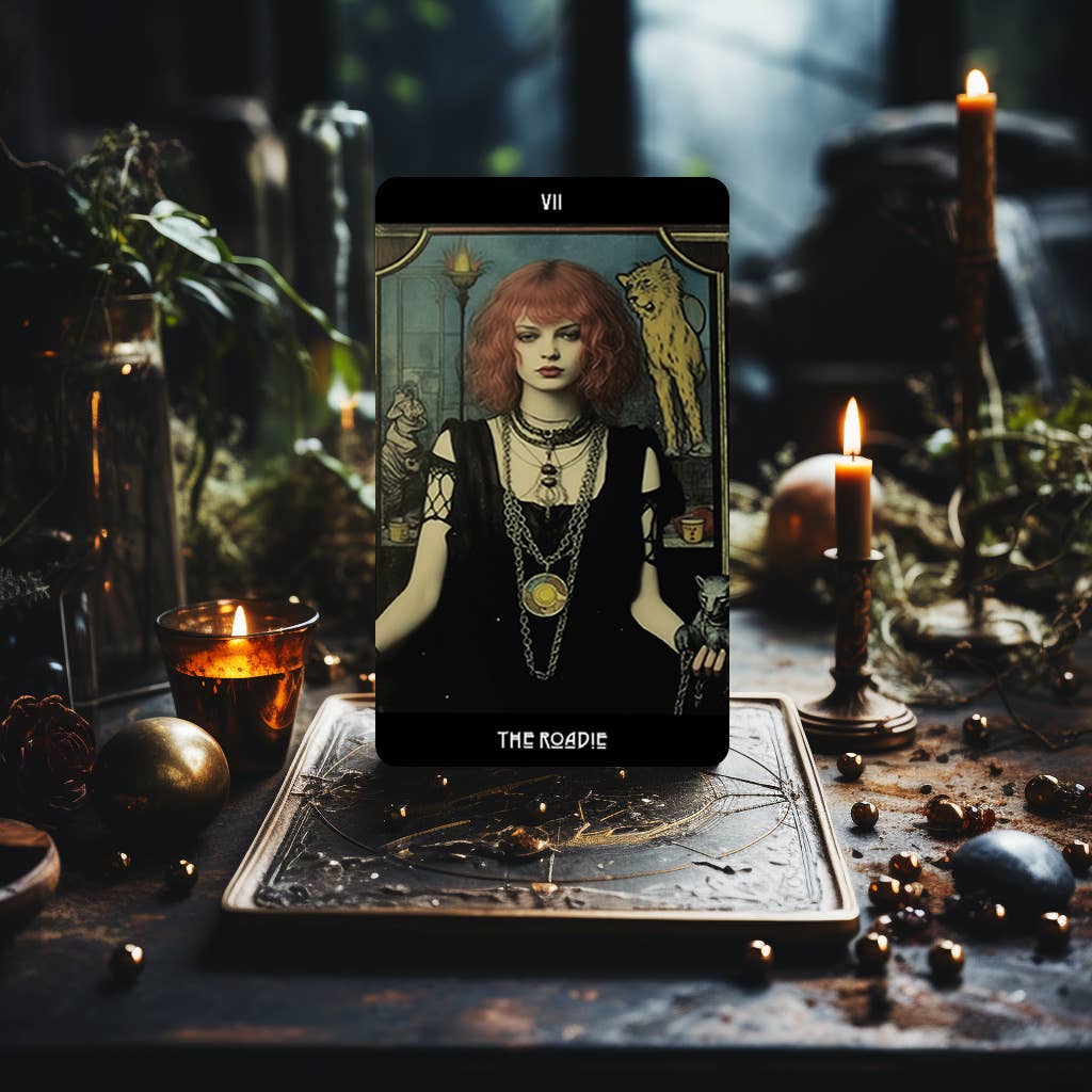 Grunge Goddess Tarot card Strength standing on a deck box