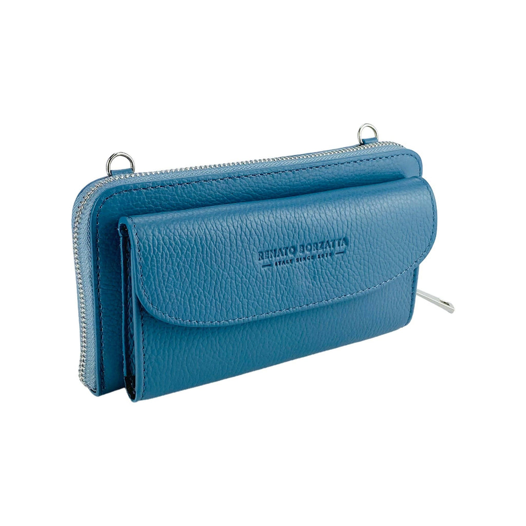 Back view of blue leather shoulder bag showing smooth grain