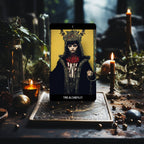 Grunge Goddess Tarot card The High Priestess standing on a deck box