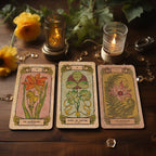 Three Botanica Oculta tarot cards with floral designs standing on a wooden tray