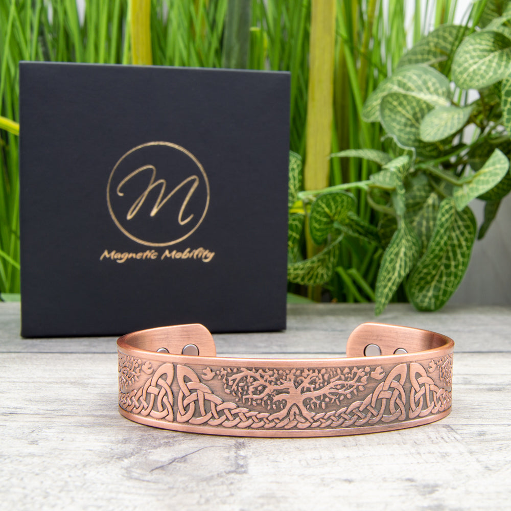 Magnetic Mobility Tree of Life Magnetic Copper Bracelet – internal view – six high-strength neodymium magnets on the inner band.
