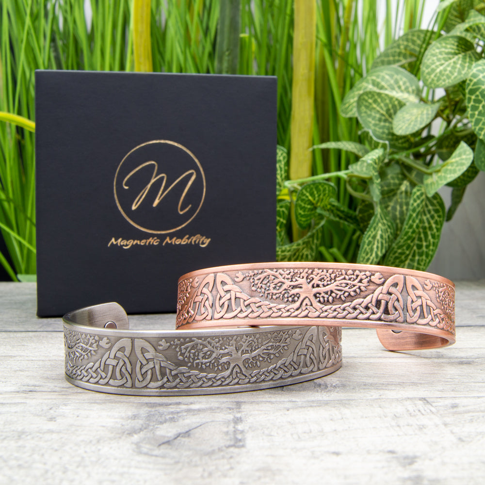 Magnetic Mobility Tree of Life Magnetic Copper Bracelet – pair view – thick and thin copper cuffs with Tree of Life engraving.