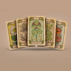 Botanica Oculta tarot deck spread showing multiple botanical illustrated cards X