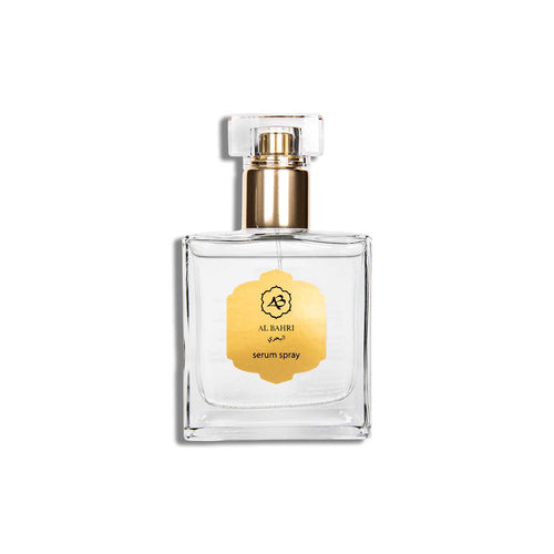 Al Bahri Serum Spray glass bottle with gold label and transparent cap