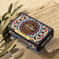 Black Musk Aleppo soap box close-up with olive leaves