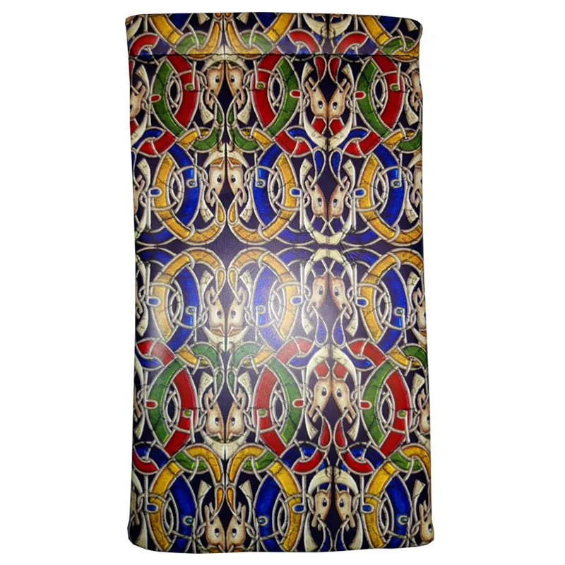 Leather glasses pouch featuring a colourful, intricate Book of Kells knotwork design