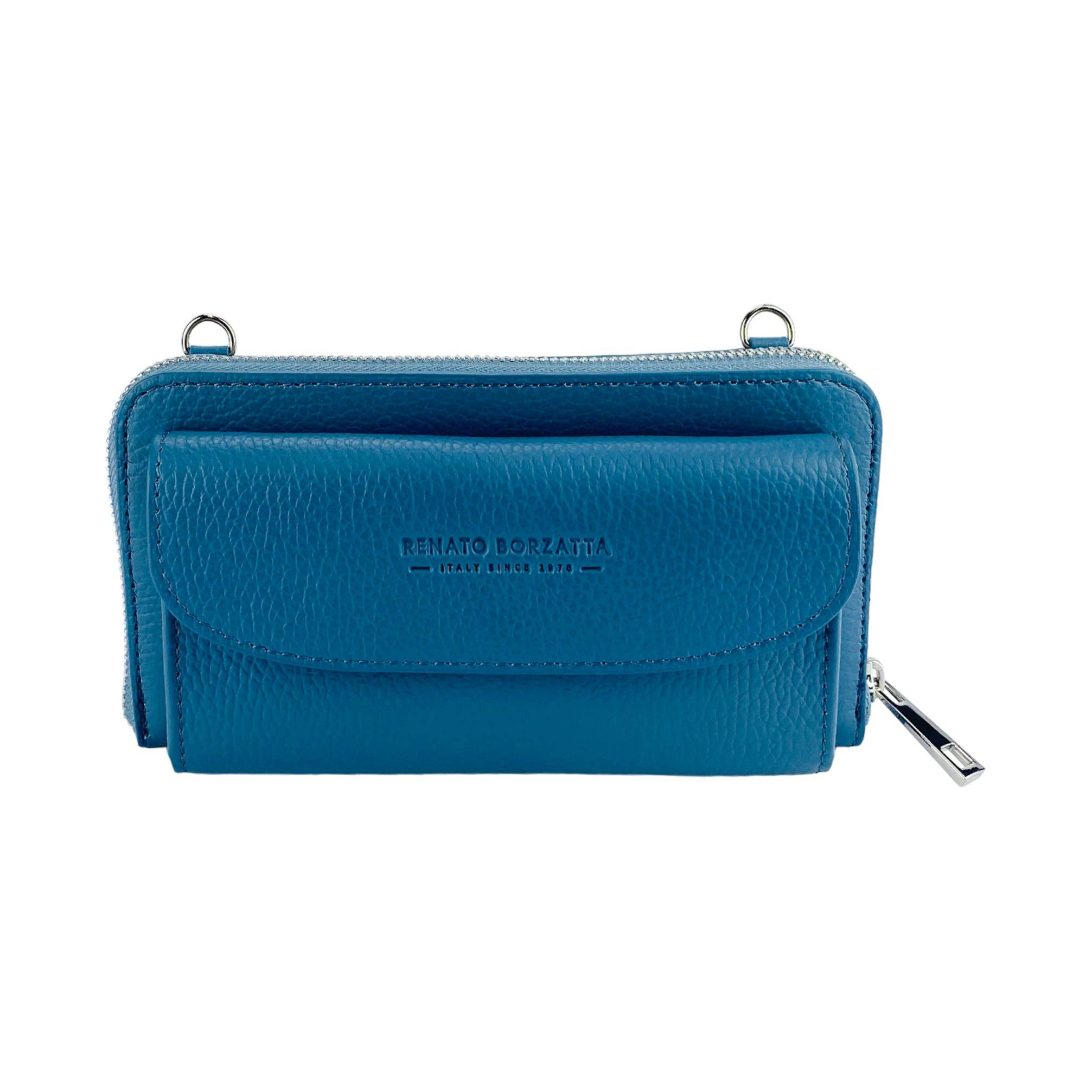 Open blue leather bag showing interior compartment and lining