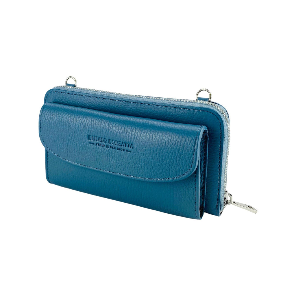 Rear angle view of blue leather bag showing strap attachment