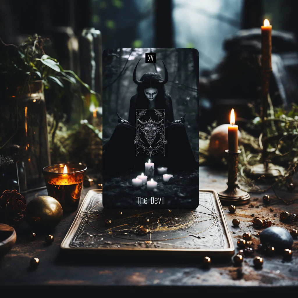 Dark Beauty Tarot card The Devil displayed in a dark forest setting