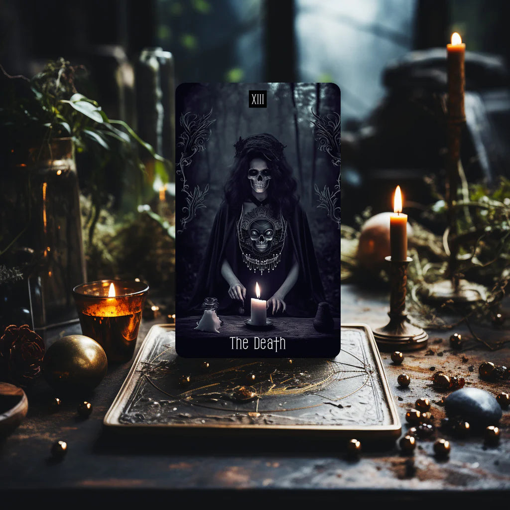 Dark Beauty Tarot card The Death standing on an altar with candles