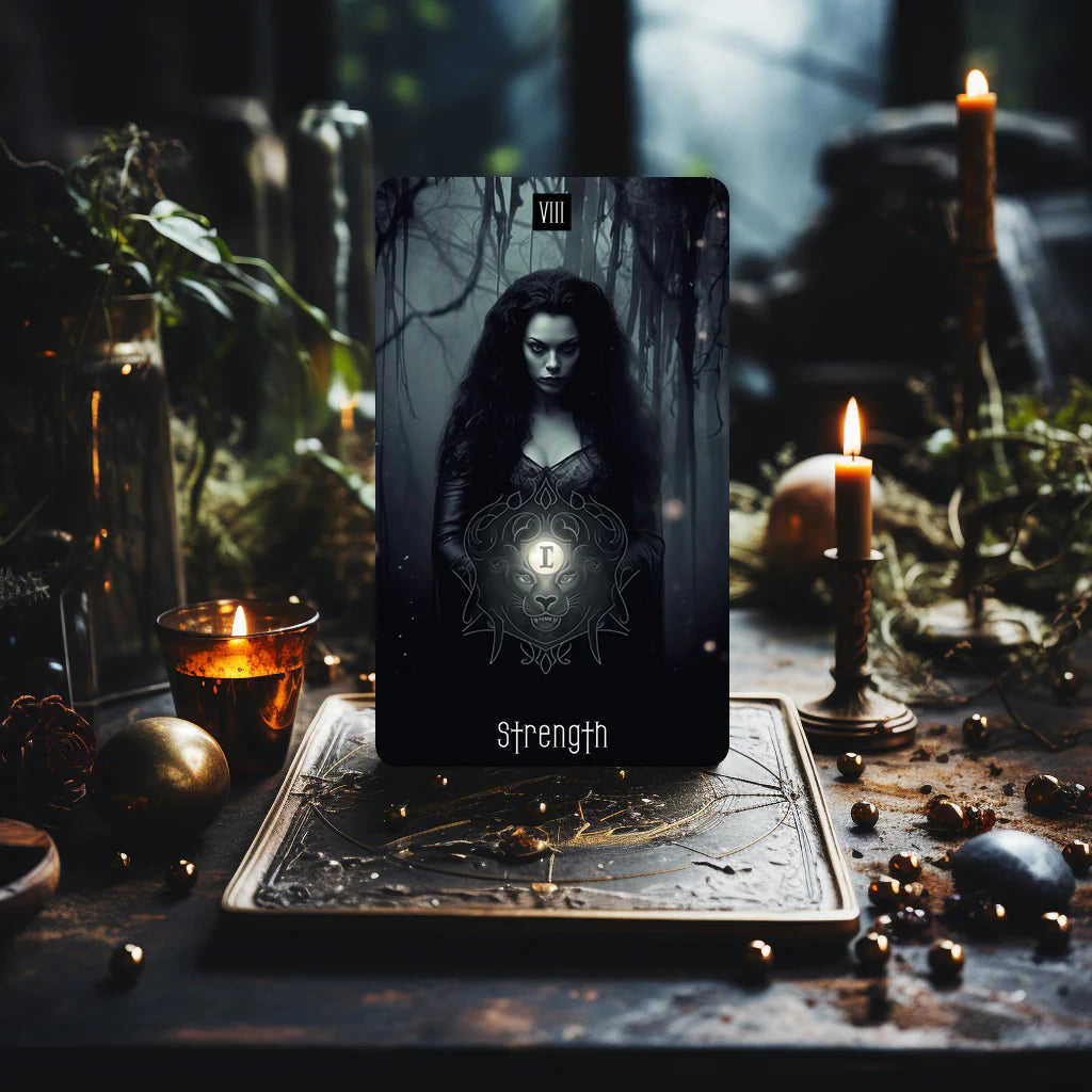 Dark Beauty Tarot card Strength displayed in a dark mystical setting