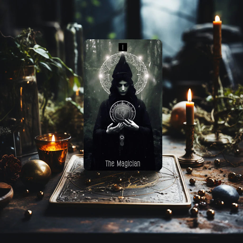 Dark Beauty Tarot card The Magician standing on a candlelit altar