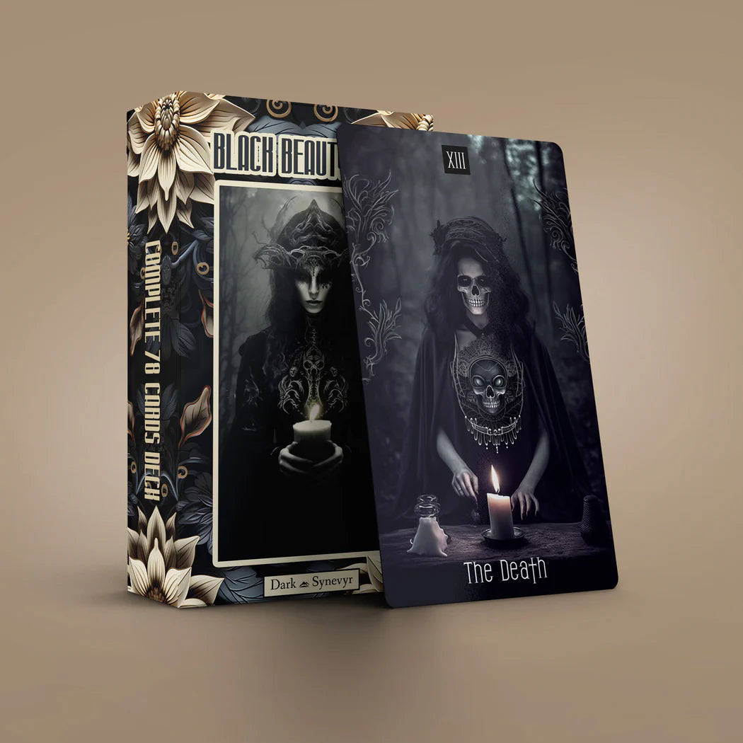 Dark Beauty Tarot tuck box standing next to The Death card against a plain background