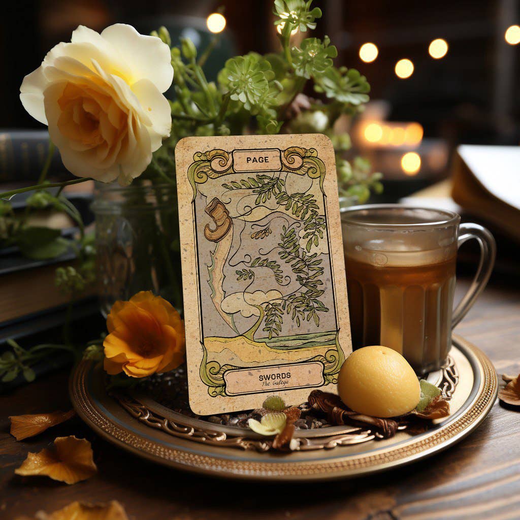Dark Synevyr Botanica Oculta Tarot Deck 80 Cards - card featuring a mushroom illustration on a wooden tray