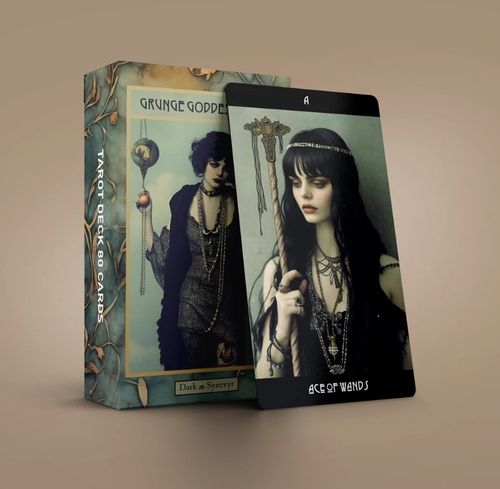 Dark Synevyr Grunge Goddess Tarot Deck 80 Cards - box standing next to the Ace of Wands card