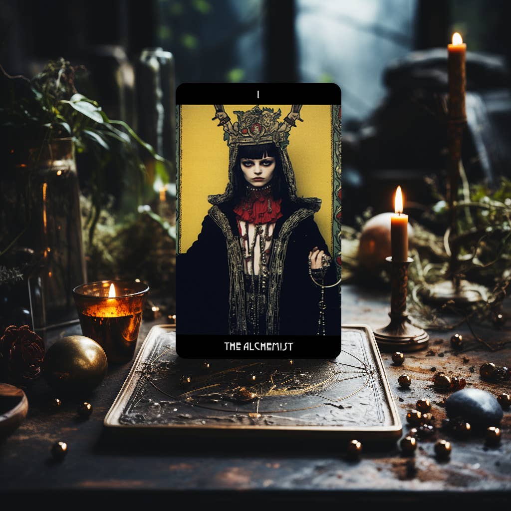 Dark Synevyr Grunge Goddess Tarot Deck 80 Cards - THE ALCMEMIST card, standing on a deck box