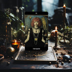 Dark Synevyr Grunge Goddess Tarot Deck 80 Cards - THE ROADIE card standing on a deck box