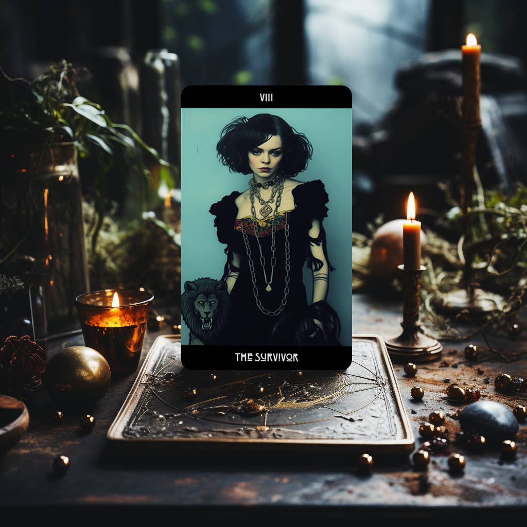 Dark Synevyr Grunge Goddess Tarot Deck 80 Cards - THE SURVIVOR card displayed in a candlelit setting