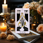 Dark Synevyr The Golden Path Tarot Deck 80 Cards - card The High Priestess standing on deck box
