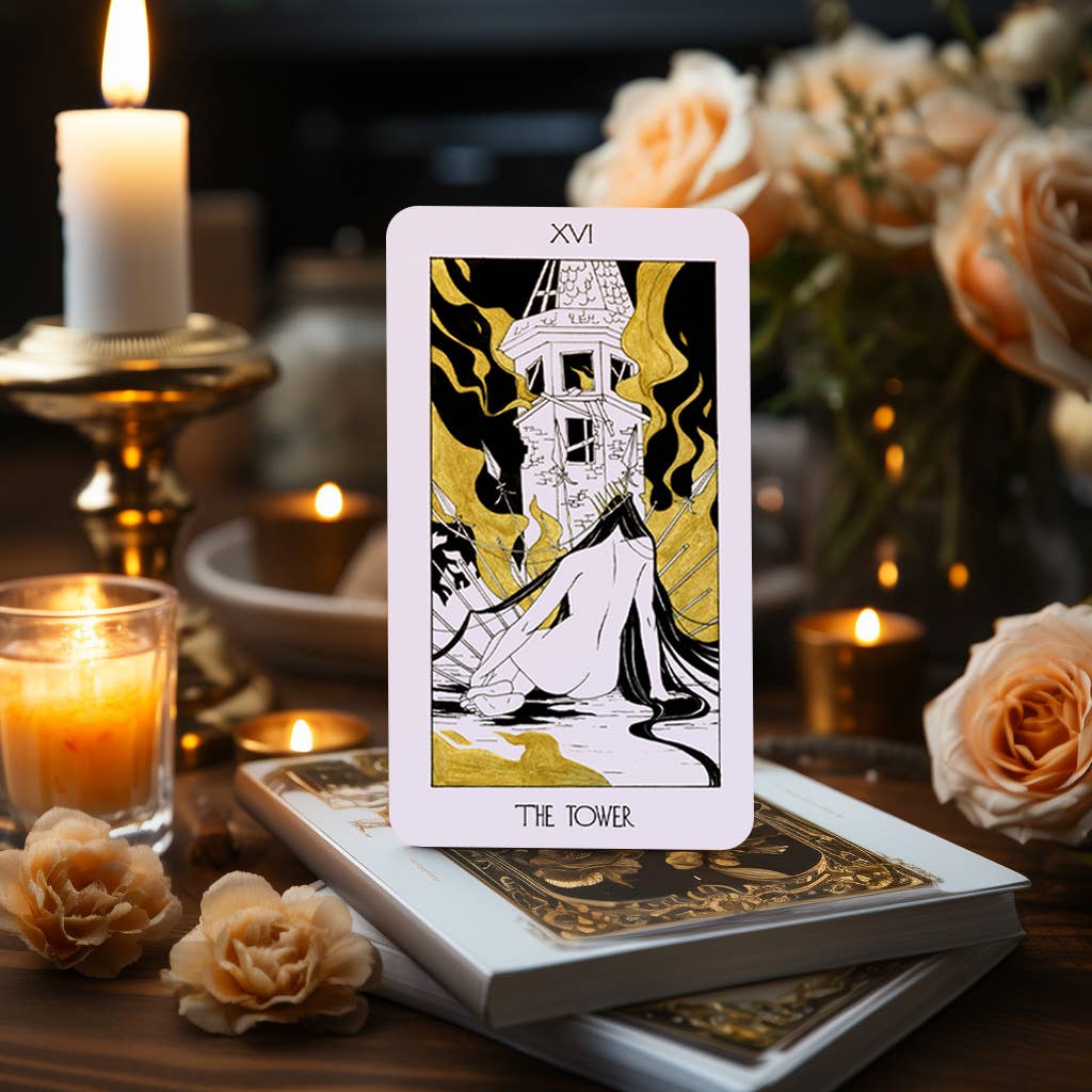 Dark Synevyr The Golden Path Tarot Deck 80 Cards - card The Tower standing on deck box