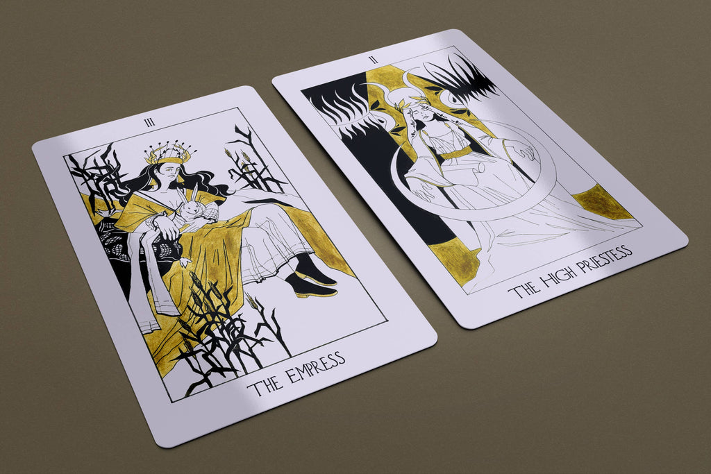Dark Synevyr The Golden Path Tarot Deck 80 Cards - The Empress and The High Priestess cards from The Golden Path Tarot lying flat