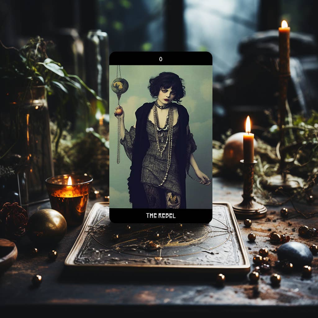 Grunge Goddess Tarot card The Fool displayed in a candlelit forest setting