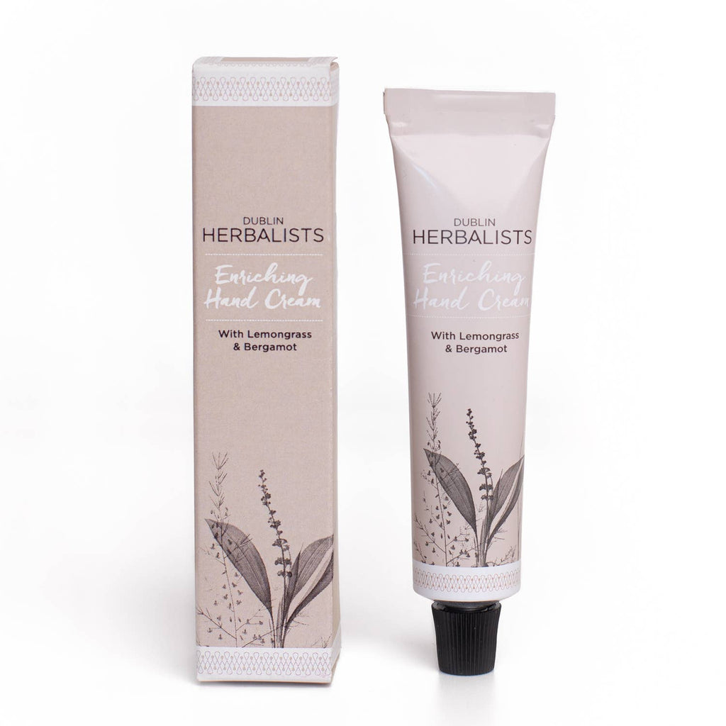 Dublin Herbalists Lemongrass and Bergamot Hand Cream 30ml - tube standing next to botanical packaging box