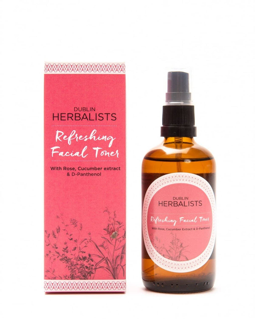 Dublin Herbalists Rose and Cucumber Refreshing Facial Toner 100ml - spray bottle standing next to pink botanical packaging box