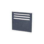 Blue leather card holder standing angled showing six empty card slots