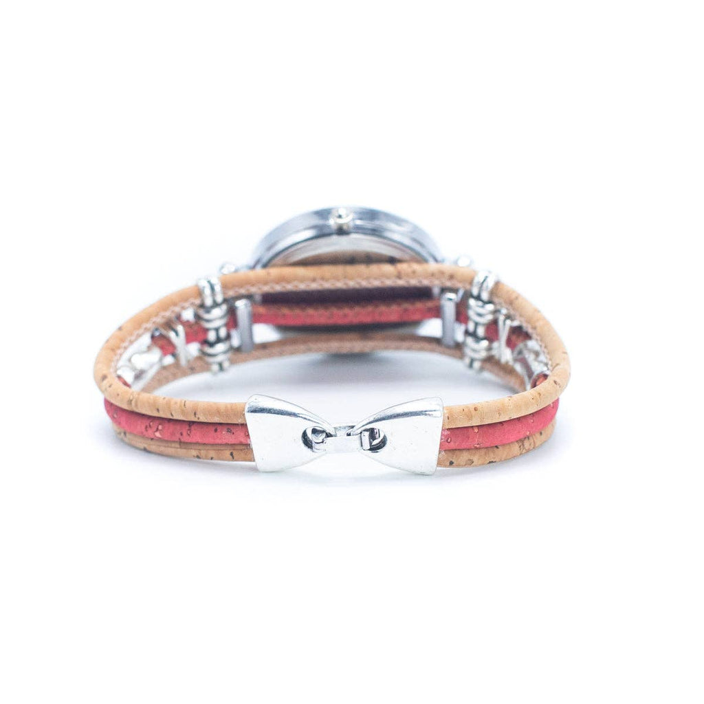 Meninas Bonitas Cork Floral Accent Bracelet Watch 16x3cm – rear view – view of the secure silver-tone clasp on the triple-strand pink and natural cork bracelet.