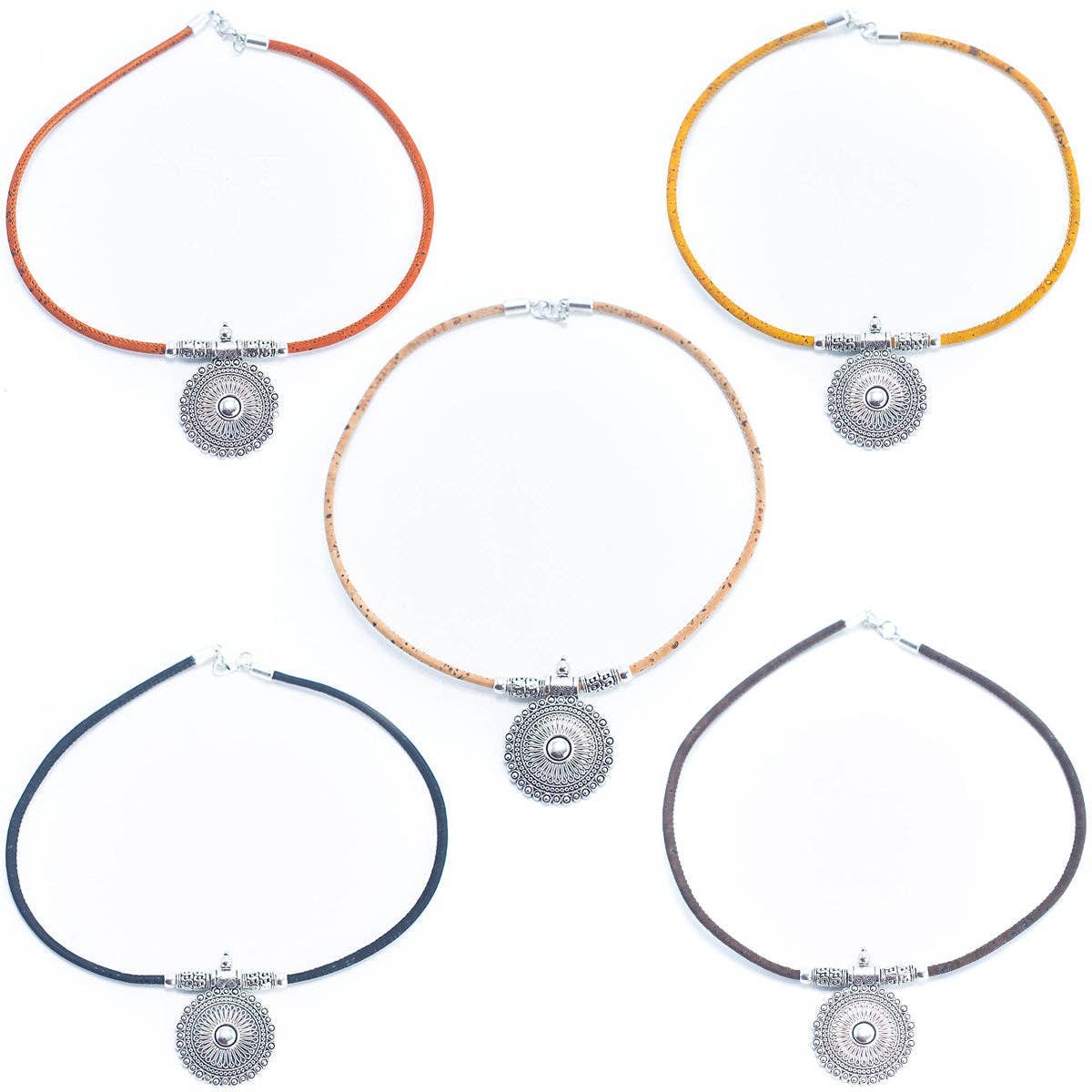 Meninas Bonitas Cork Handmade Cork Necklace 42cm – front view – a group of five cork necklaces in various colours: orange, yellow, natural, black, and brown.