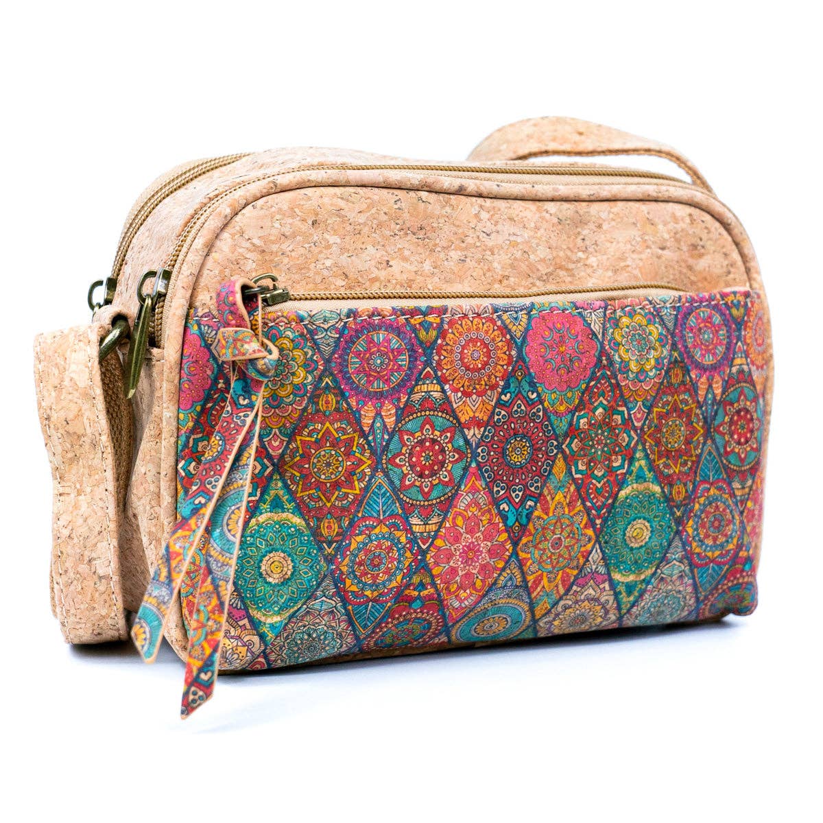 Meninas Bonitas Cork Patchwork Crossbody Bag 21x15x8cm – front view – natural cork bag with Style C vibrant geometric diamond patchwork pattern.