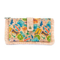 Meninas Bonitas Cork "Travel Impressions" Slim Wallet 17x9cm – front view – natural cork wallet with a vintage stamp pattern including the Statue of Liberty and Eiffel Tower.