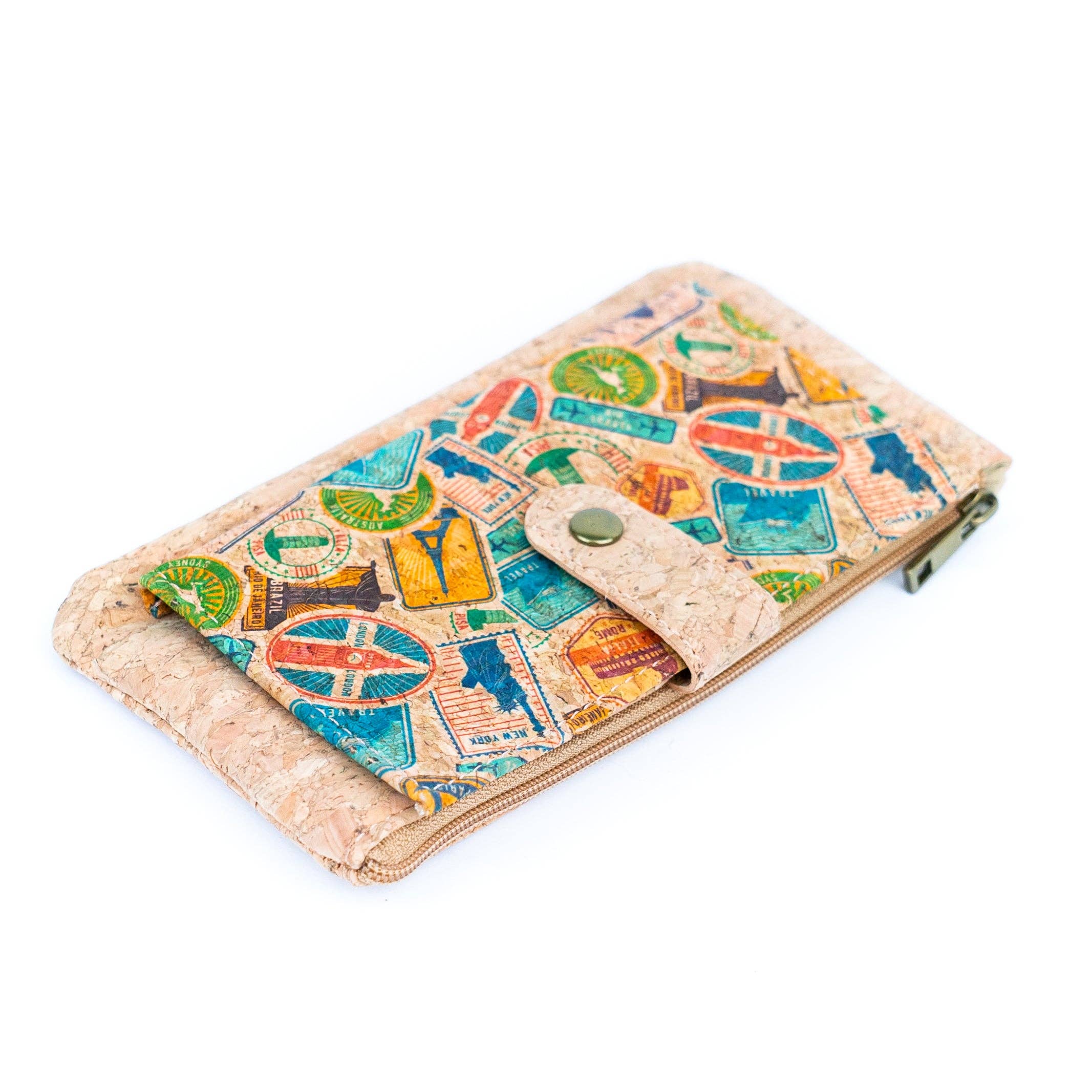 Meninas Bonitas Cork "Travel Impressions" Slim Wallet 17x9cm – side view – natural cork wallet with a vintage stamp pattern including the Statue of Liberty and Eiffel Tower.