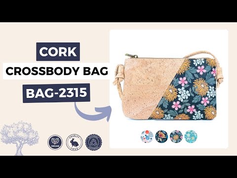 Meninas Bonitas Cork Mini Crossbody Bag 20x13x2.5cm – video – demonstration of the bag's size, patterns, and adjustable cork shoulder strap.