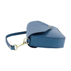 Renato Borzatta Avio Blue Leather Small Shoulder Bag 22x12x3cm – high angle – blue leather bag showing depth and the entry to an internal compartment.