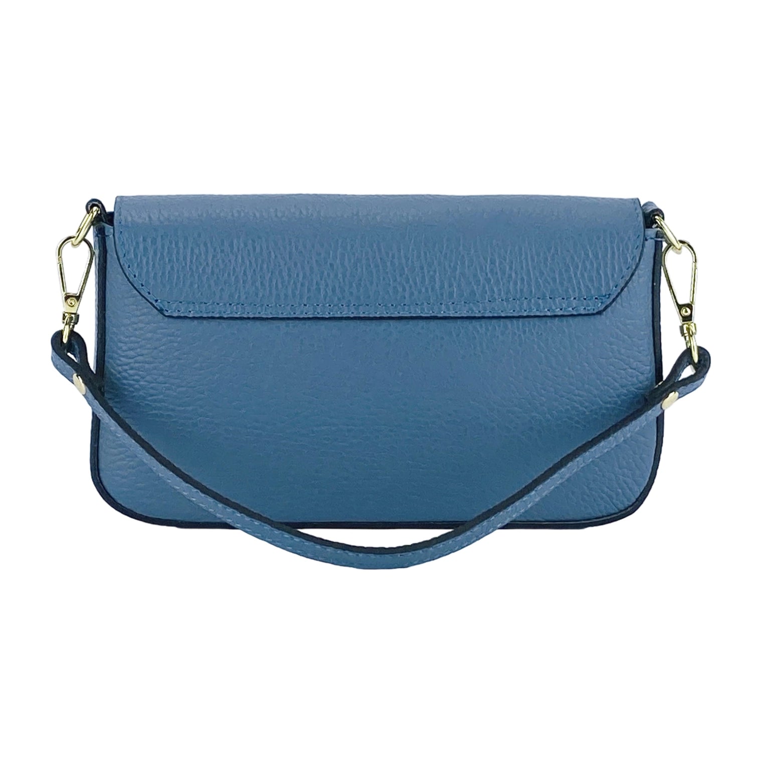 Renato Borzatta Avio Blue Leather Small Shoulder Bag 22x12x3cm – back view – blue leather bag showing smooth grain and strap attachment.
