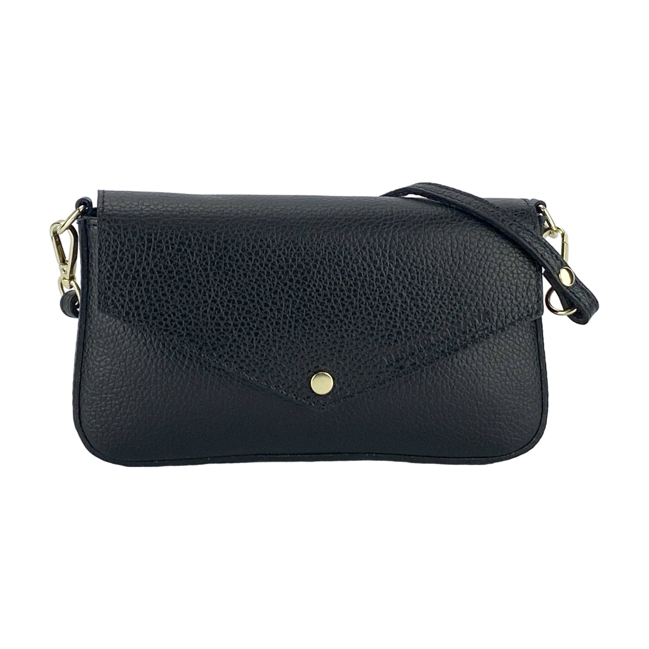 Black leather shoulder bag facing forward with attached leather strap