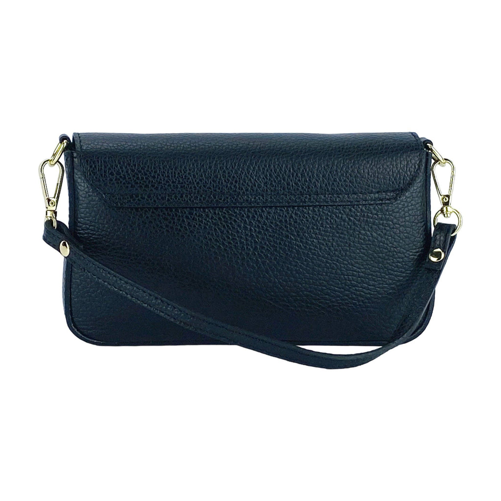 Back view of black Italian leather shoulder bag showing smooth grain texture