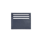 Front view of blue full-grain leather card holder showing texture